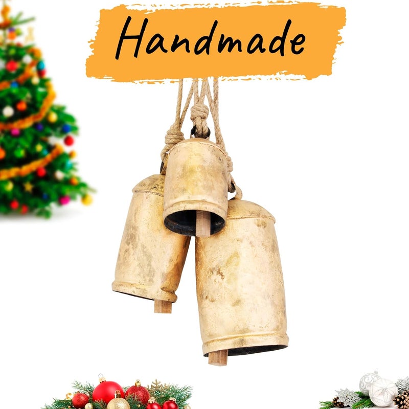 ANNA HOME Vintage Rustic Cow Bell Christmas Set - Shabby Chic Holiday Decor - 3 Bells in Various Sizes (4", 6", 8" H) Create Festive Ambiance and Invite Good Luck - Image 3